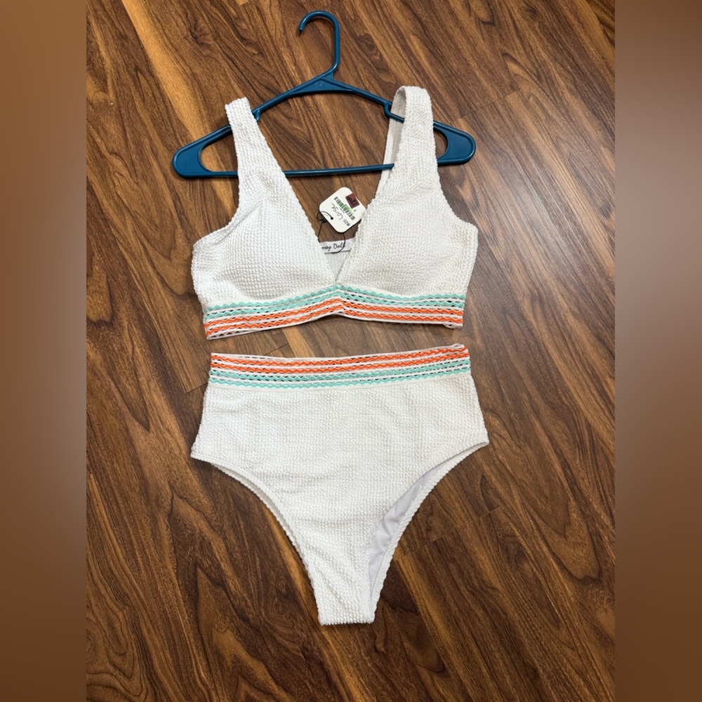 White Textured Bikini Set with Colorful Trim NWT